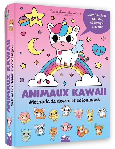 Animaux kawaii - méthode de dessin et coloriages - pochette 5 feutres paillettes et 1 crayon à papier