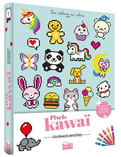 Coloriages pixel kawaii - pochette 6 feutres paillettes