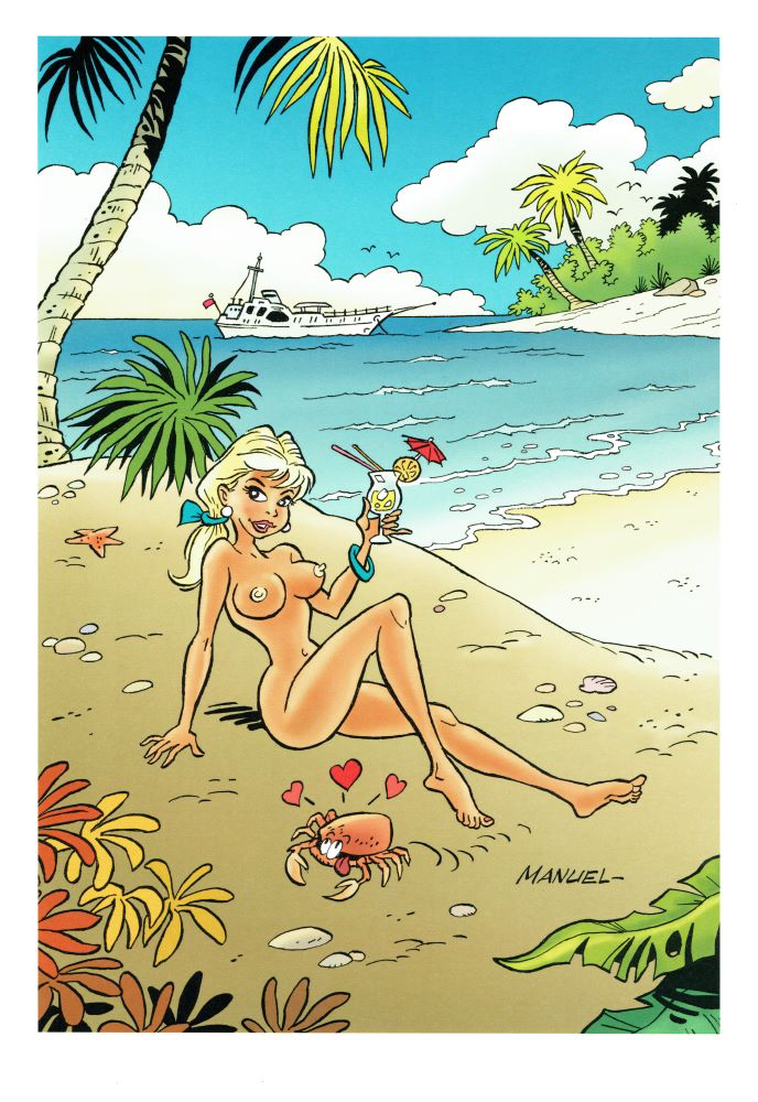 Poster coquin : La Vacancière - Oeuvre réalisée et signée par le dessinateur belge Manuel Tanret. Poster numéroté