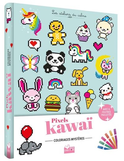 [9782017247043] Coloriages pixel kawaii - pochette 6 feutres paillettes