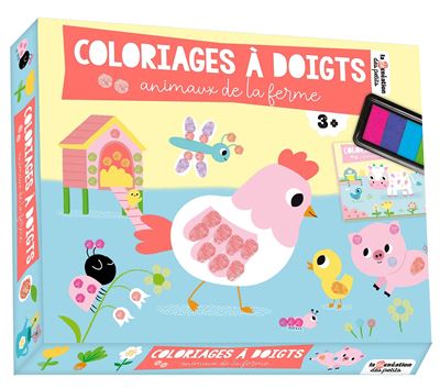 [9782017233428] Coloriages a doigts la ferme. Coffret avec un cahier de 10 grandes scènes à compléter avec ses doigts et 1 encirer à doigts avec 6 couleurs
